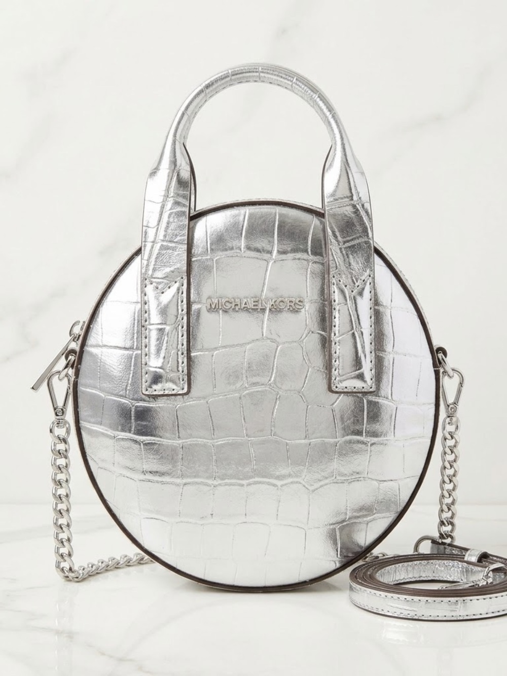 NWT Rare Michael Kors Jet Set Silver Croc Oval Crossbody Market